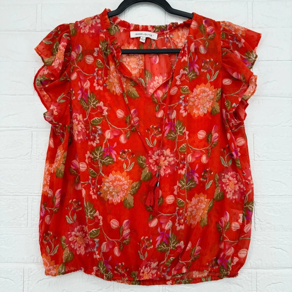 Rose + Olive Floral Blouse Women Size L Red Flutter Sleeve Tassel Tie Top Boho